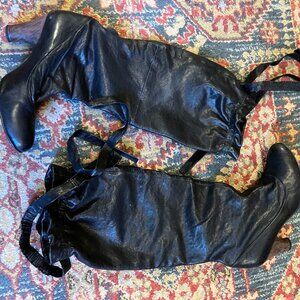 Urban Outfitters Black Leather Tall Slouch Heeled Boots w/removable tie, Sz 8
